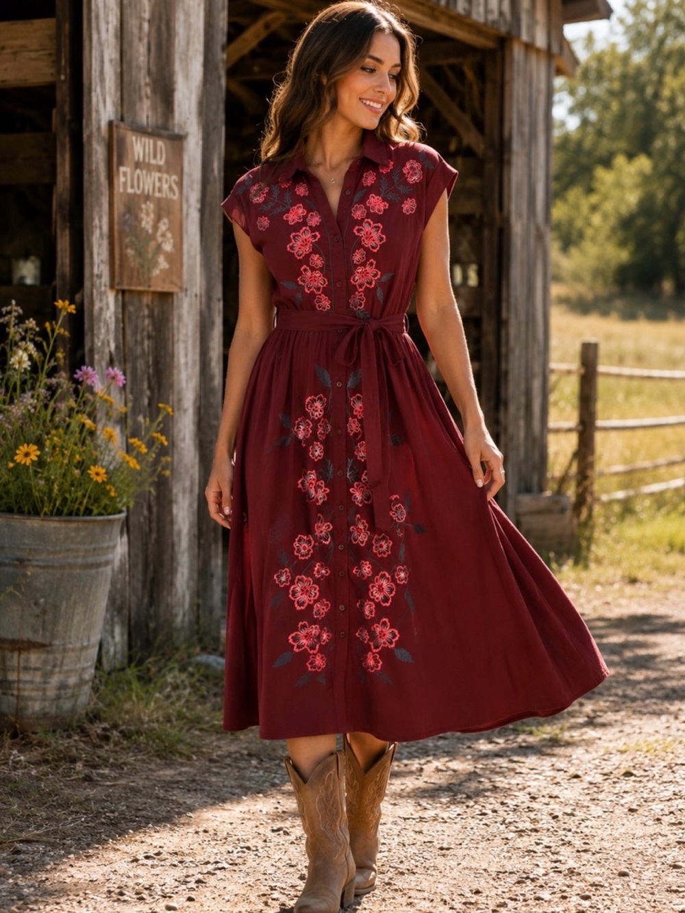Draper James Burgundy Midi Shirt Dress with Pink Floral Embroidery
